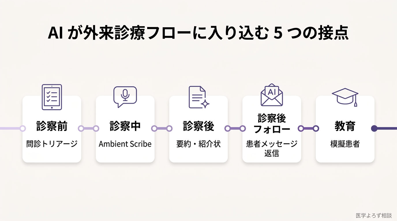 AI が外来診療フローに入り込む 5 つの接点（問診トリアージ・ambient scribe・要約紹介状・患者メッセージ返信・医学教育）