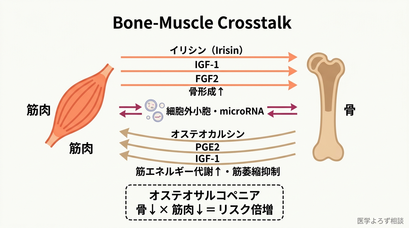 骨と筋肉のクロストーク。筋肉からイリシン等のマイオカインが骨形成を促進し、骨からオステオカルシン等が筋エネルギー代謝を促進する双方向シグナル