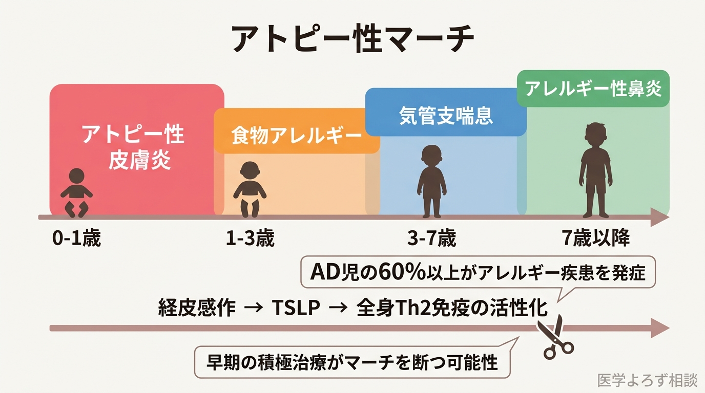 アトピーマーチの進行図。乳児期のアトピー性皮膚炎から始まり、幼児期の食物アレルギー、学童期の気管支喘息、思春期のアレルギー性鼻炎へと年齢とともに進行する。経皮感作がTSLP/IL-33を介して全身のTh2免疫を活性化するメカニズムを併記