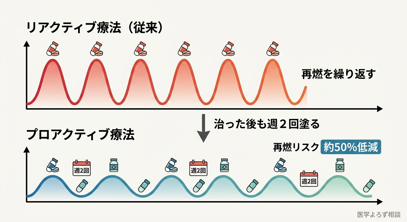 リアクティブ療法とプロアクティブ療法の比較図。リアクティブ療法は症状出現時のみ治療し再燃を繰り返す波形。プロアクティブ療法は改善後も週2回維持塗布を続け、再燃頻度が半減する安定した波形