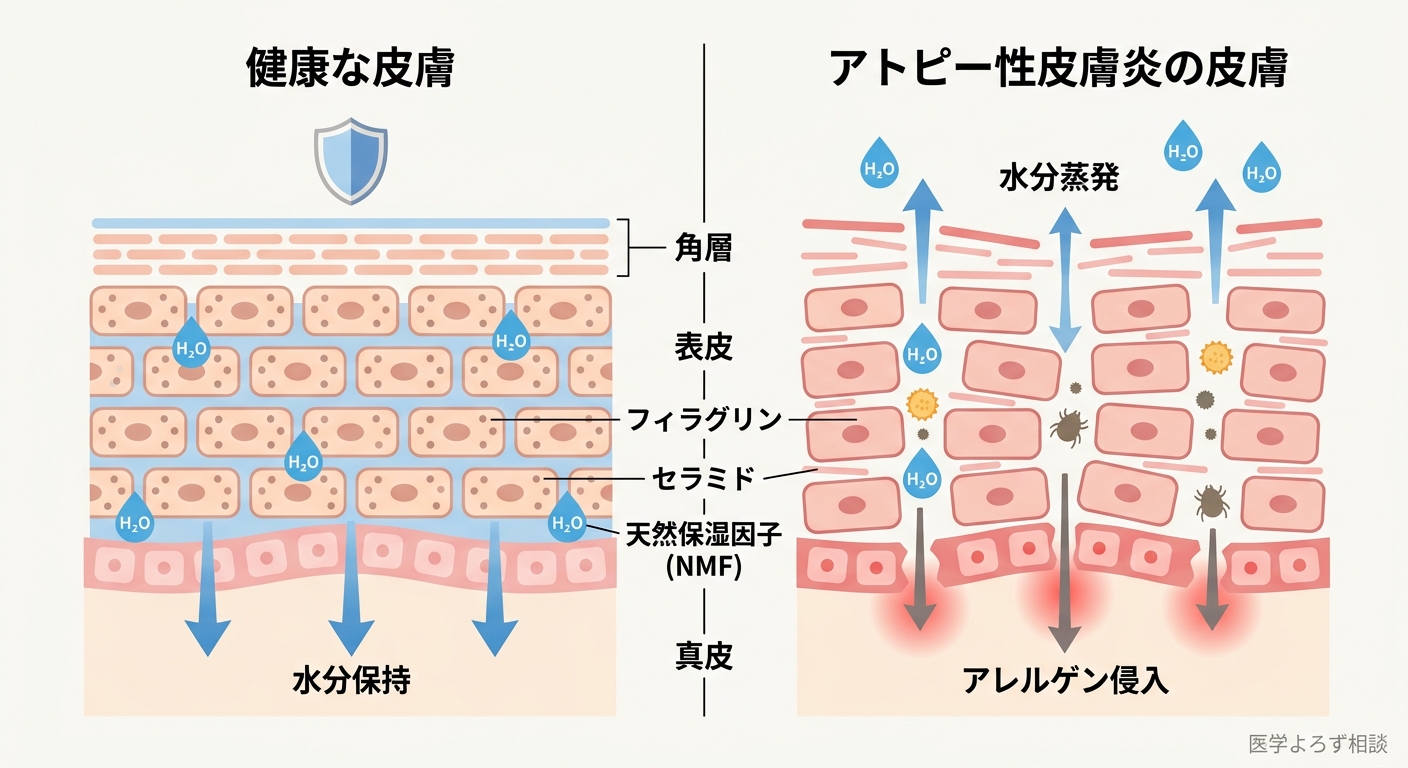 正常な皮膚バリア（左）とアトピー性皮膚炎の皮膚バリア（右）の比較図。正常な皮膚ではフィラグリンが豊富で角質細胞が密に並び、セラミドが隙間を埋めている。アトピー性皮膚炎ではフィラグリン不足で角質が乱れ、水分が蒸発しアレルゲンが侵入する