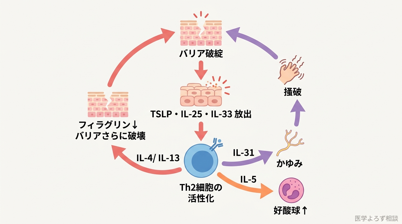 アトピー性皮膚炎の免疫メカニズム。バリア破綻→TSLP/IL-25/IL-33放出→Th2活性化→IL-4/IL-13/IL-31産生→フィラグリンさらに低下+かゆみ→掻破→バリアさらに破綻、という悪循環を示すフロー図