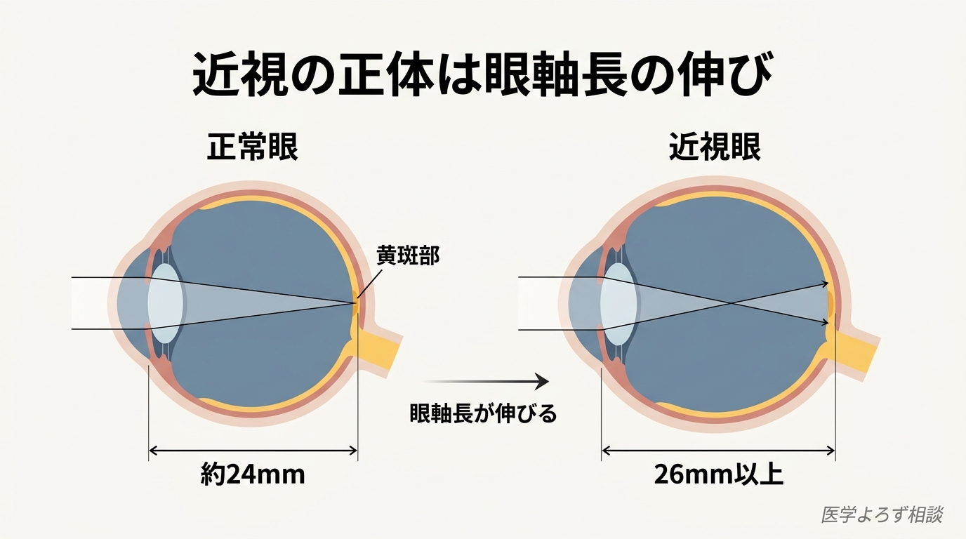 正常眼と近視眼の断面比較図。眼軸長が伸びることで焦点位置が網膜より手前にずれることを示す