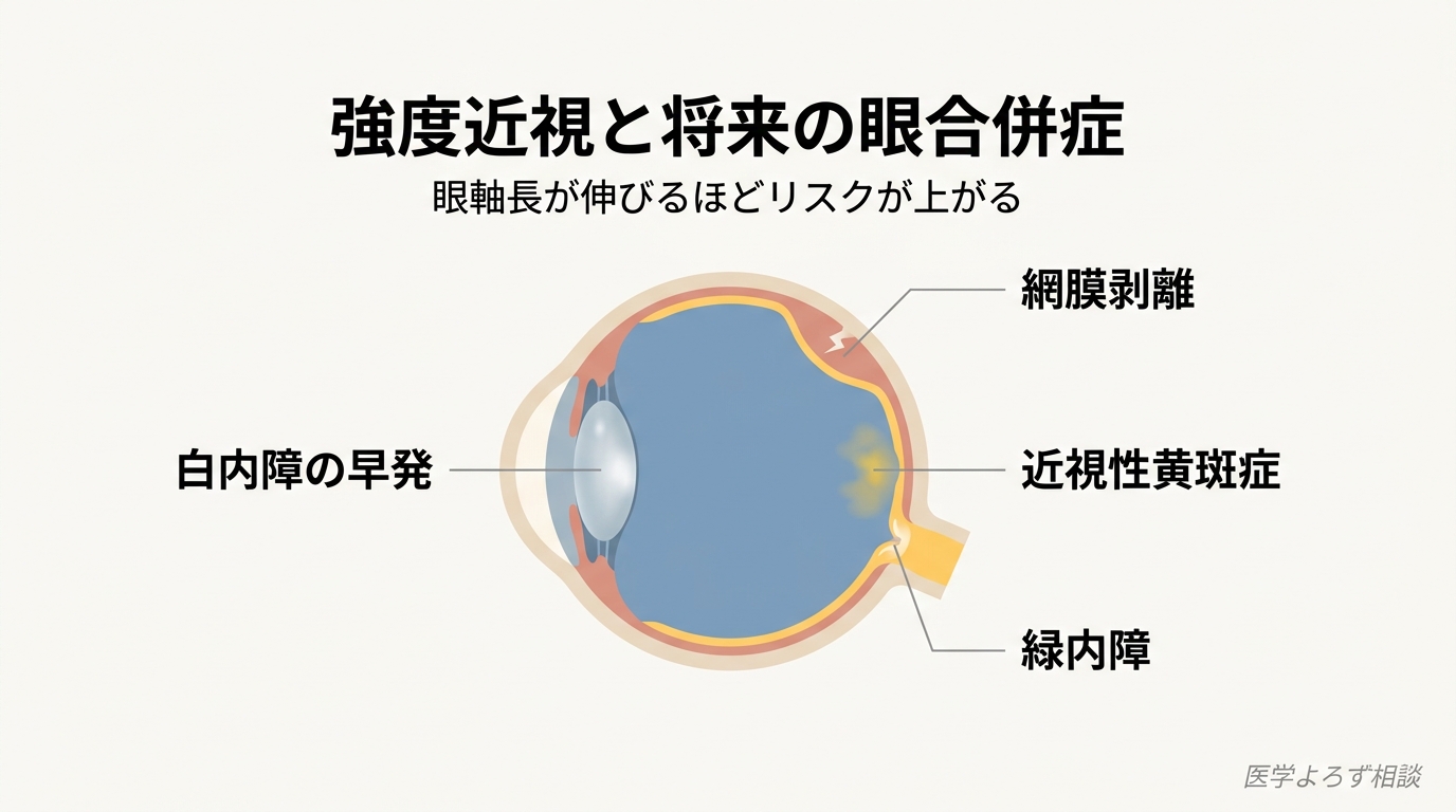 強度近視が将来引き起こす可能性のある眼合併症（網膜剥離・近視性黄斑症・緑内障・白内障早発）の発生部位を示した概念図