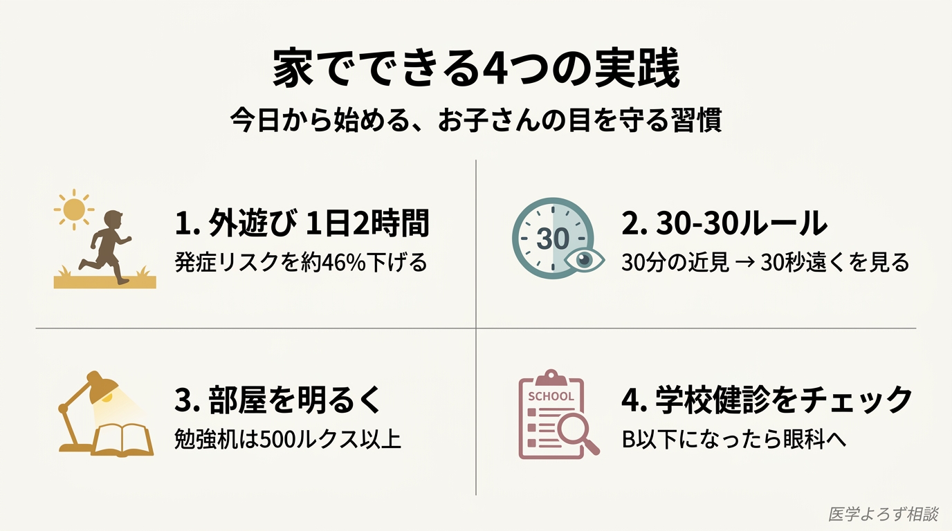 家でできる近視対策4つ——外遊び2時間・30-30ルール・部屋を明るく・学校健診チェックを示すイラスト