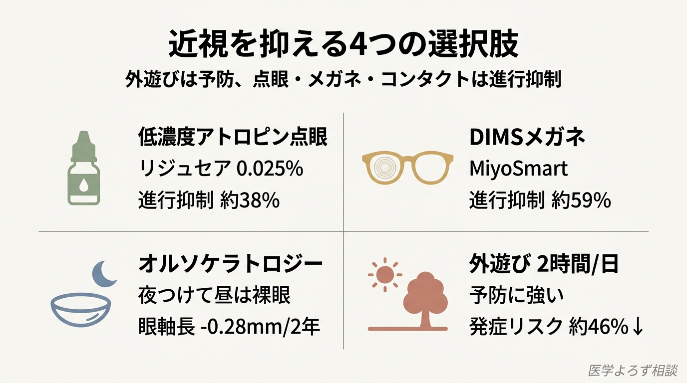近視進行を抑える4つの選択肢の概念図——低濃度アトロピン点眼・DIMSメガネ・オルソケラトロジー・外遊びの役割分担を示す