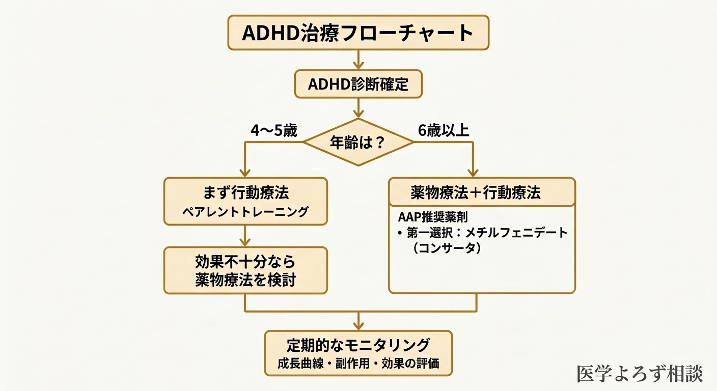 ADHD治療のフローチャート。年齢別に行動療法と薬物療法の推奨を示すフロー図