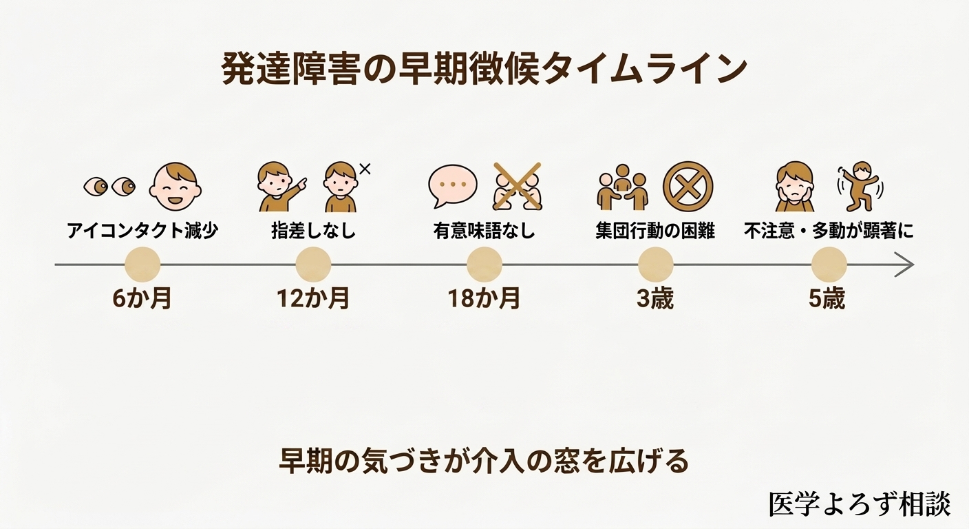 年齢別の早期徴候タイムライン。6か月から5歳までの赤信号となるサインを時系列で示す