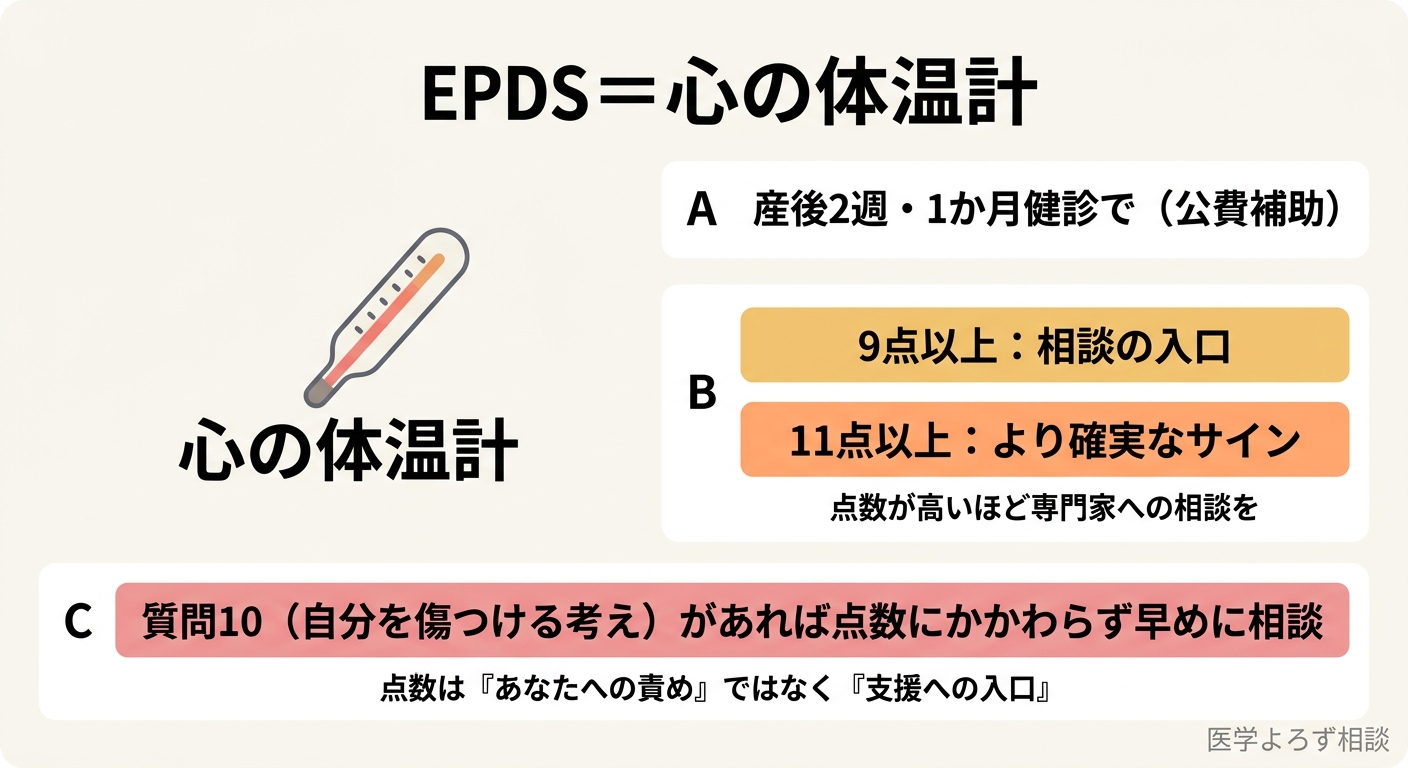 EPDSを心の体温計として説明したインフォグラフィック。9点以上相談の入口、11点以上でより確実なサイン、質問10は点数によらず相談が示される