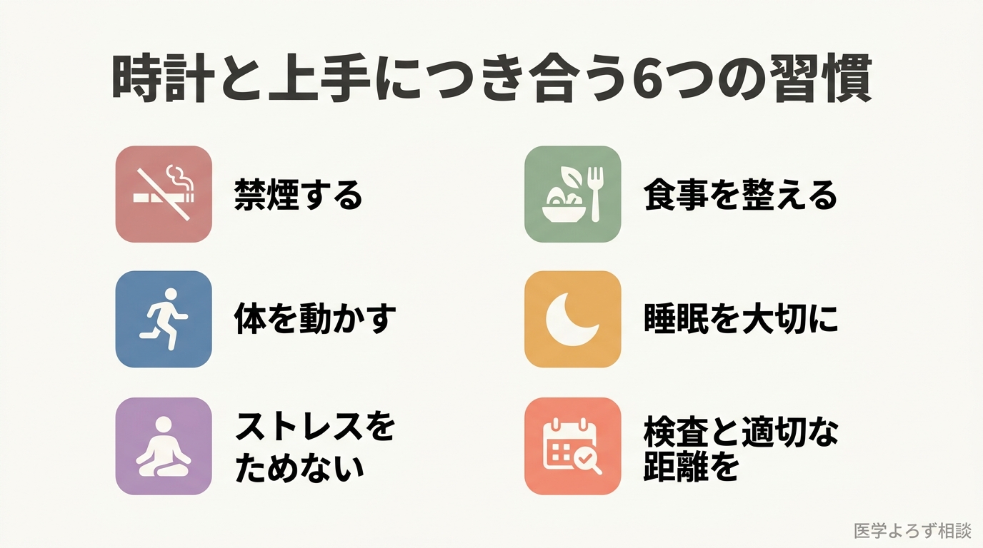 エピジェネティック年齢を意識した生活習慣チェックリスト。禁煙・食事・運動・睡眠・ストレス対処・検査との距離感の6項目を示したインフォグラフィック