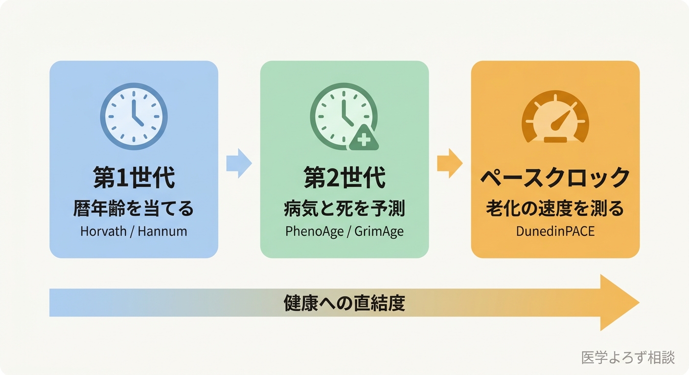 エピジェネティック時計の世代マップ。第1世代は暦年齢を予測、第2世代は健康・寿命を予測、ペースクロックは老化の速度を測ることを示した図