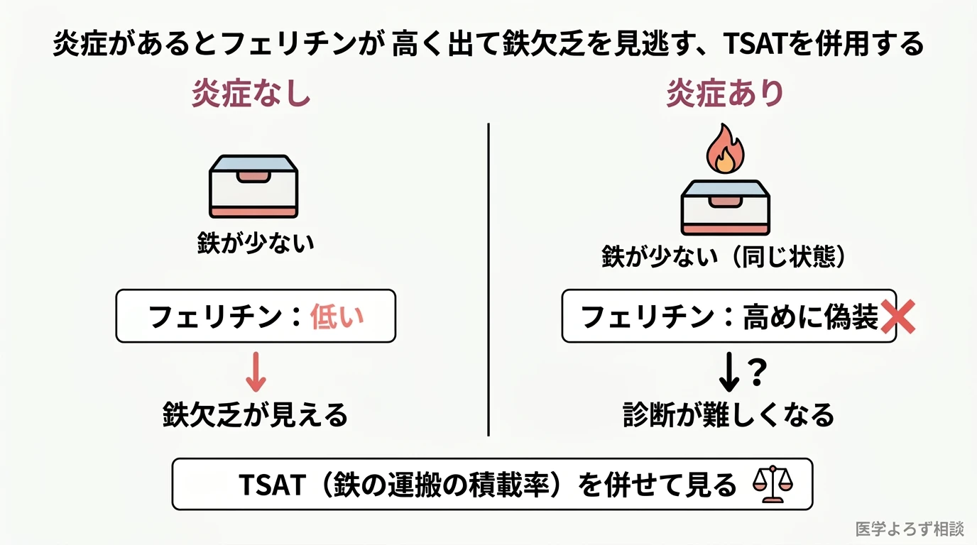 炎症がないとフェリチン低値で鉄欠乏が見えるが、炎症があるとフェリチンが高めに偽装される対比。トランスフェリン飽和度TSATを併せて見ることを示す図