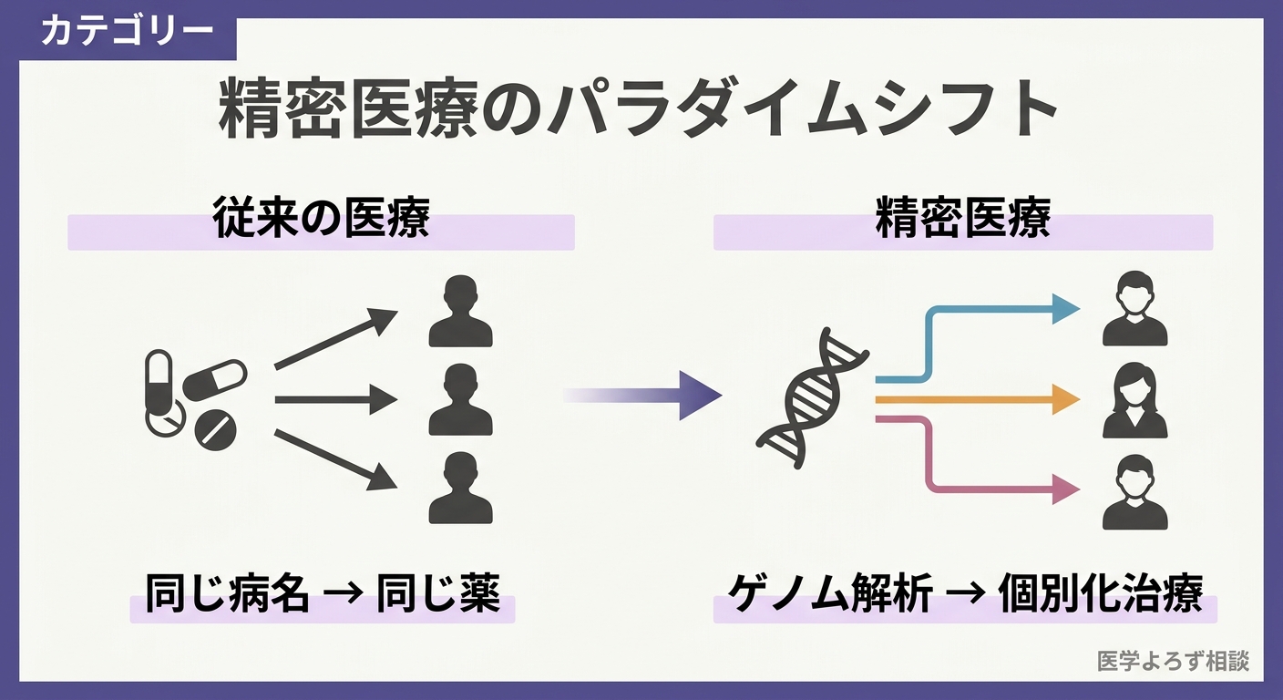 従来医療と精密医療のアプローチの違いを示す概念図