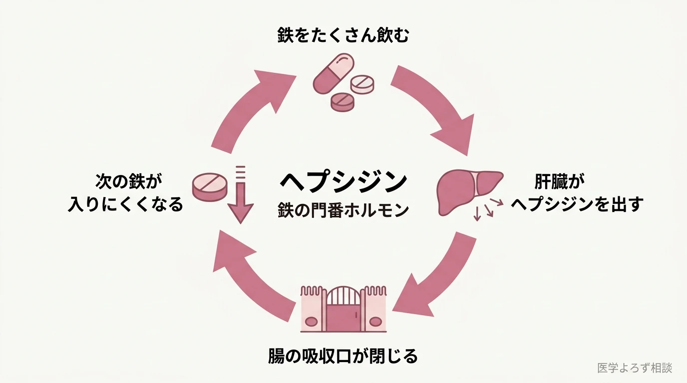 鉄をたくさん飲むと肝臓がヘプシジンを出し、腸の吸収口が閉じて次の鉄が入りにくくなる負のフィードバックを示す図
