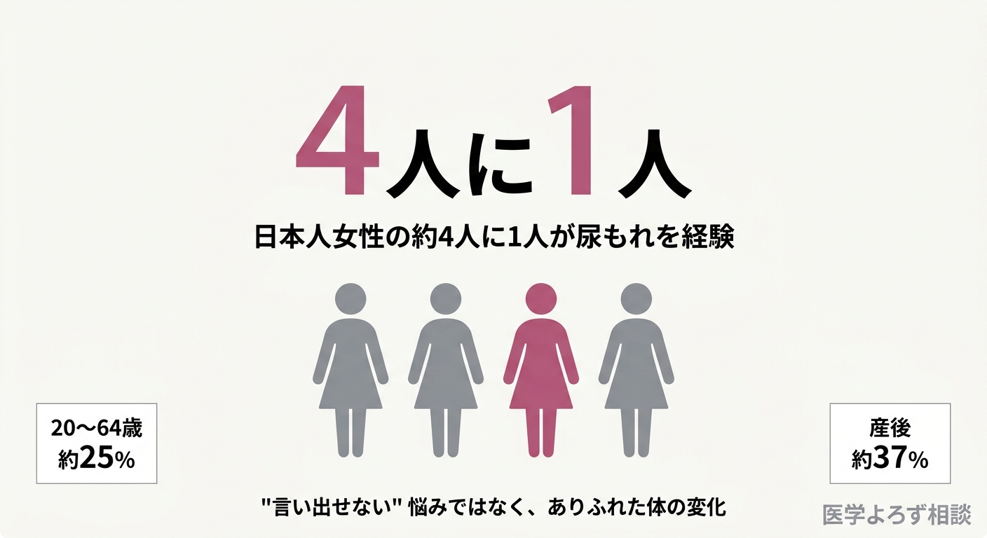 日本人女性の尿もれ有病率を示すインフォグラフィック。20〜64歳で約25%（4人に1人）、40歳以降は約半数、産後女性の腹圧性尿もれ37.3%という主要な数字を視覚化
