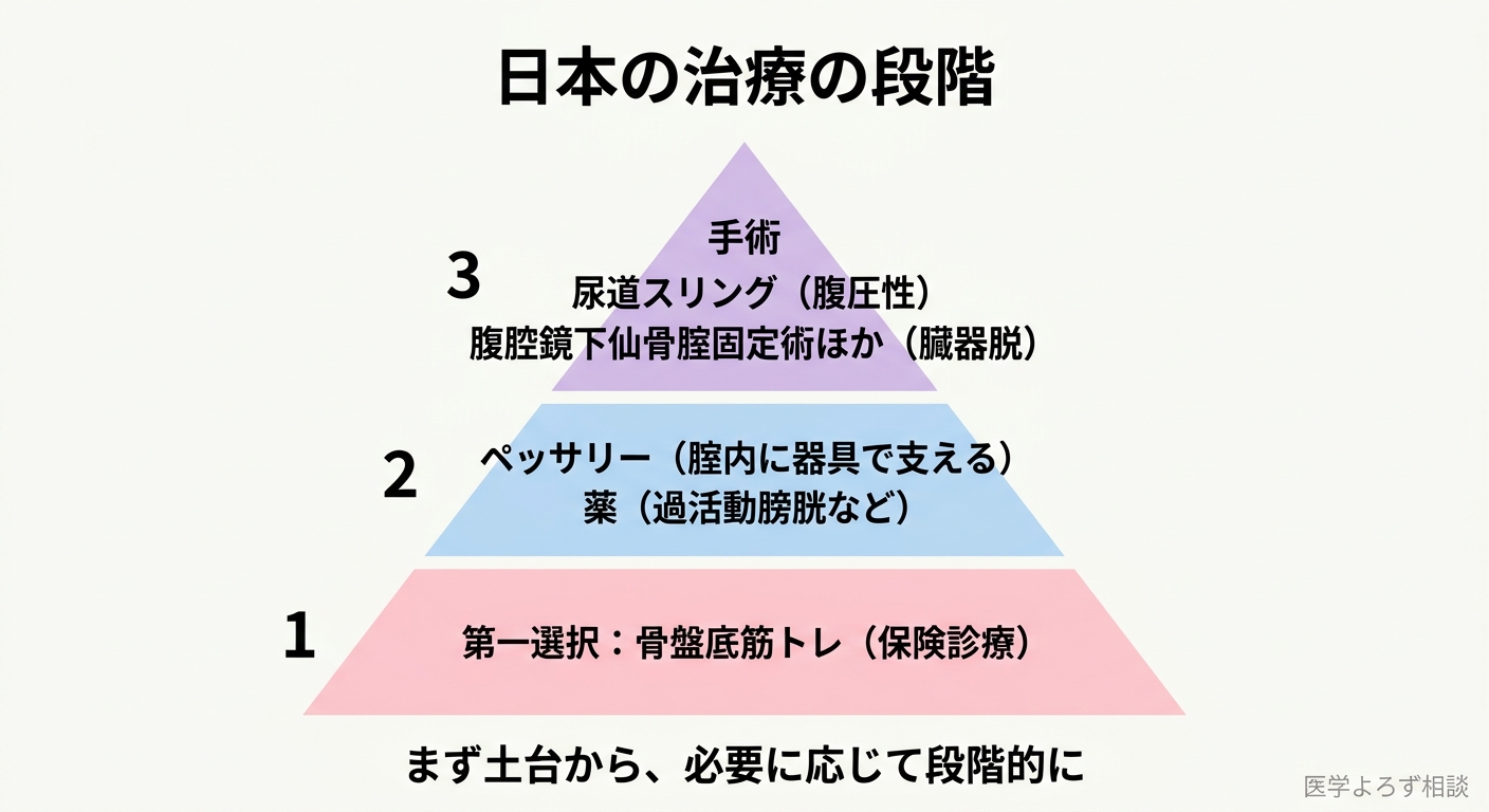日本で受けられる尿もれ・骨盤臓器脱の治療の段階を示す図。骨盤底筋トレを土台に、ペッサリー・薬物、そして改善しない場合の手術（尿道スリング、腹腔鏡下仙骨腟固定術など）へと段階的に進む治療のはしご