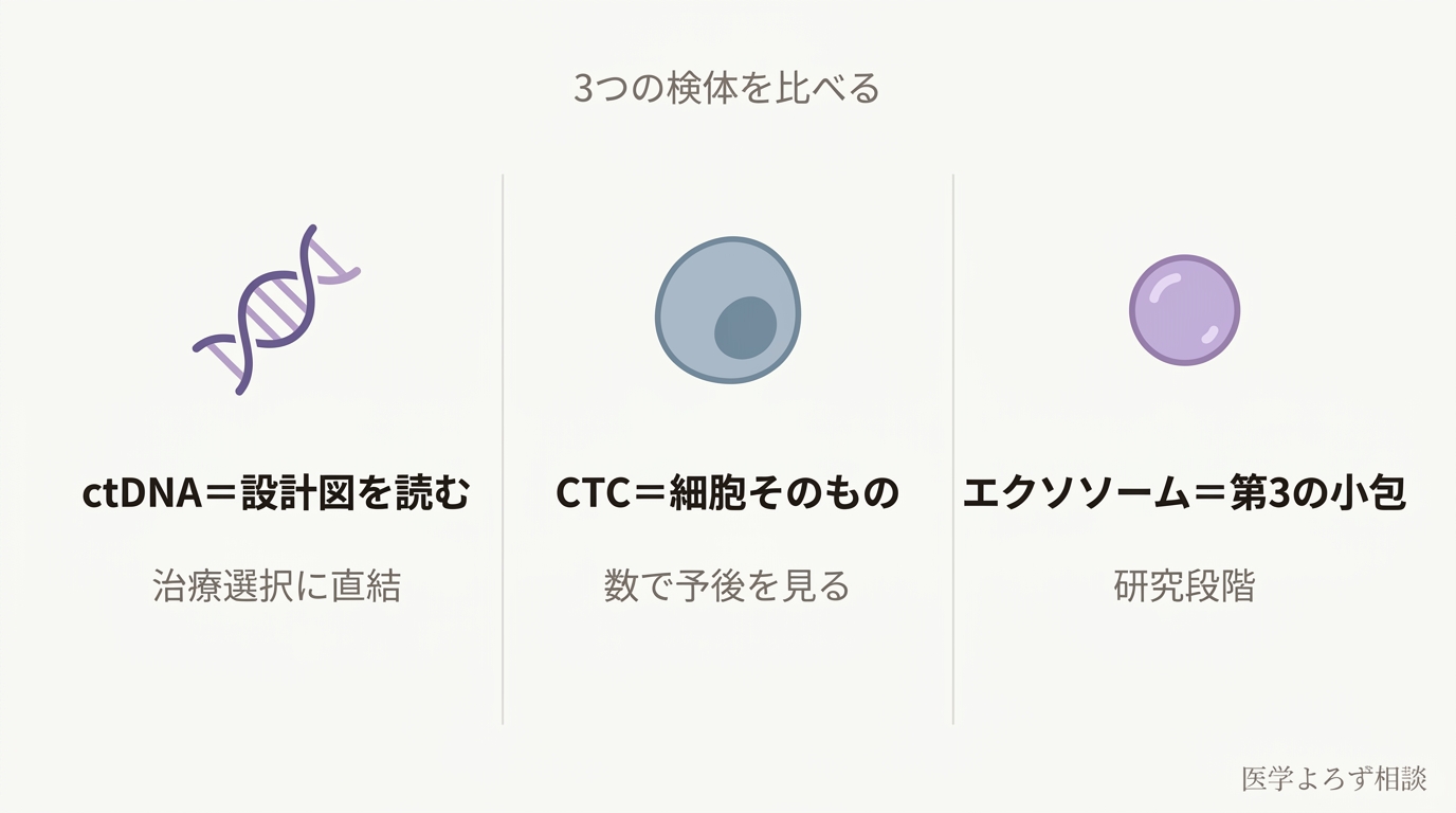 ctDNA・CTC・エクソソームの比較図。ctDNAは遺伝子の設計図、CTCはがん細胞そのもの、エクソソームは細胞が出す小包を表す
