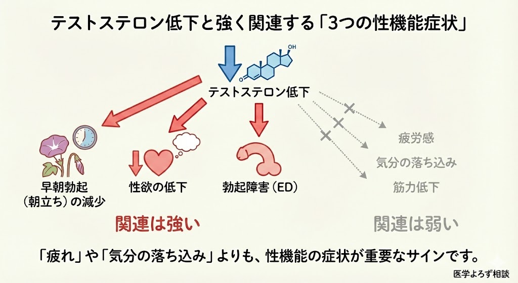テストステロン低下と強く関連する3つの性機能症状