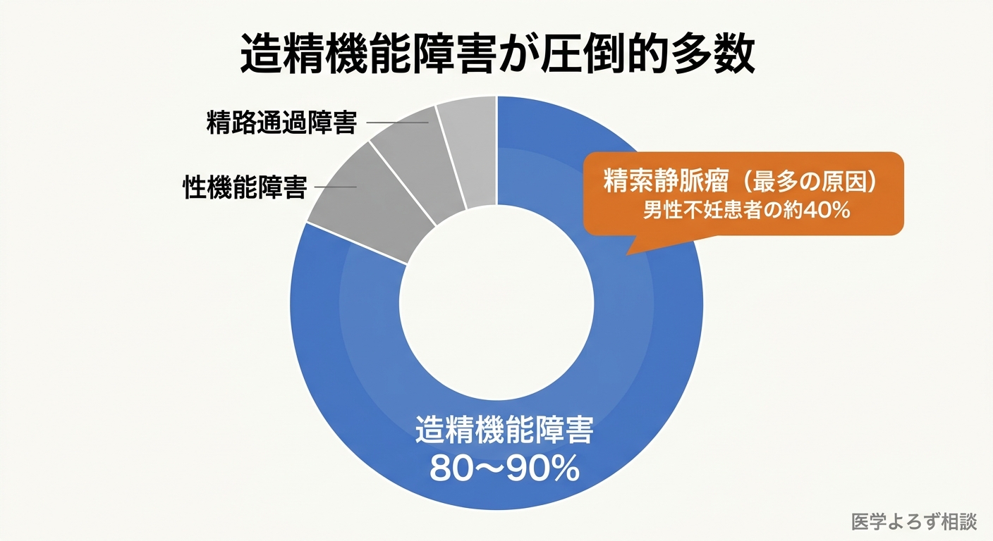男性不妊の原因の内訳図。造精機能障害が約80〜90%で最多（うち精索静脈瘤が最多の原因）、次いで精路通過障害、性機能障害