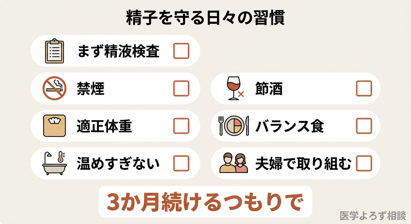 精子を守るために今日からできる習慣のチェックリスト。精液検査・禁煙・適正体重・温めすぎない・節酒・バランス食・夫婦で取り組む