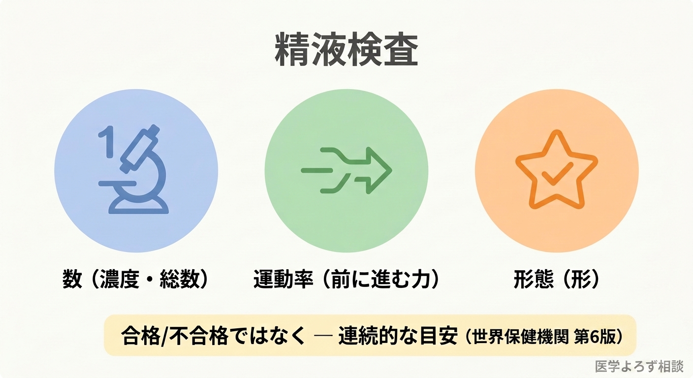 精液検査で見る3つの指標（数・運動率・形態）の概念図。WHO第6版が合格・不合格の閾値ではなく連続的な判断の目安へ移行したことを示す