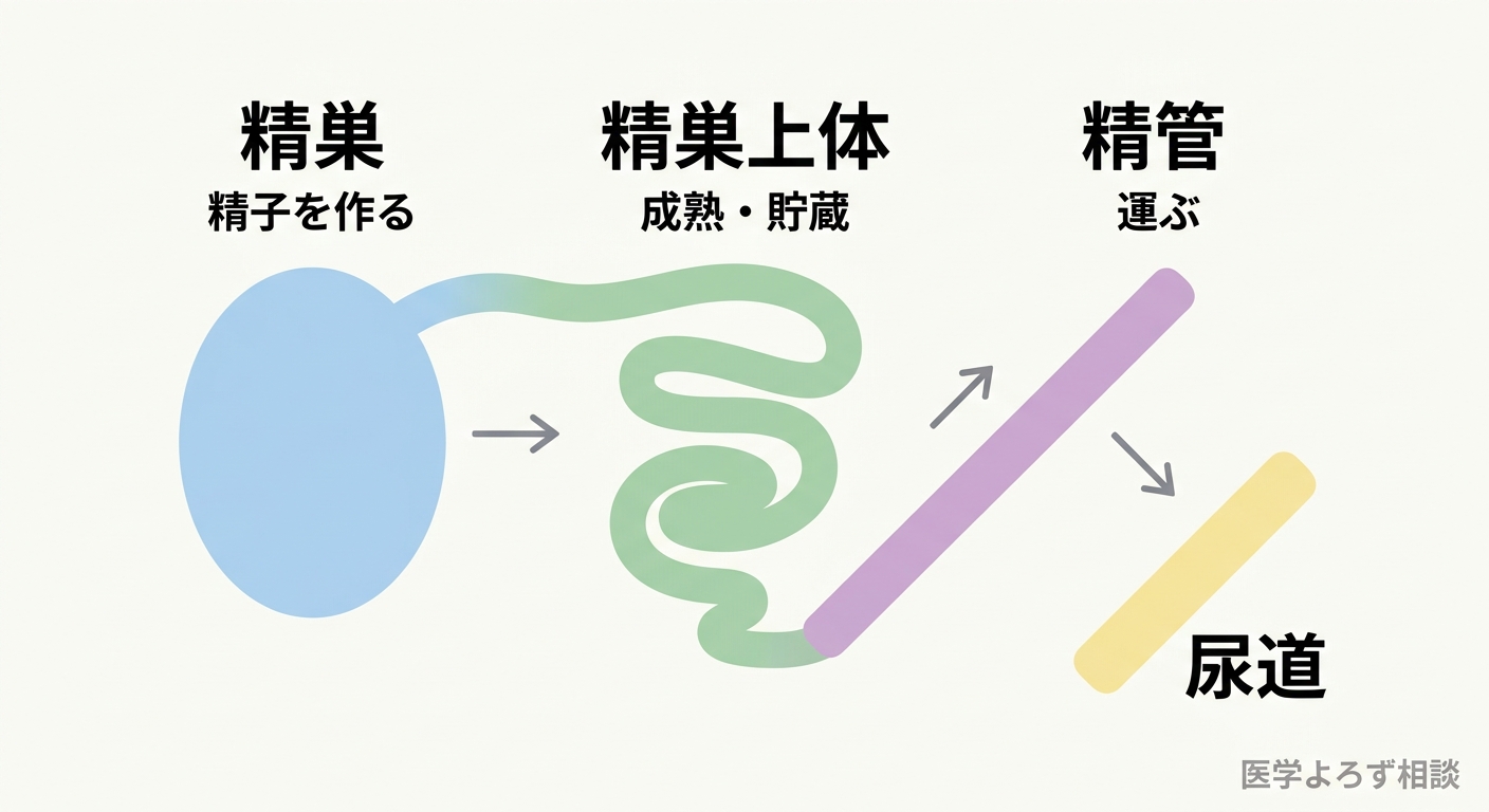 精巣・精巣上体・精管・尿道からなる男性生殖器の解剖図。精子が精巣で作られ、精巣上体で成熟・貯蔵され、精管を通って運ばれる経路を示す