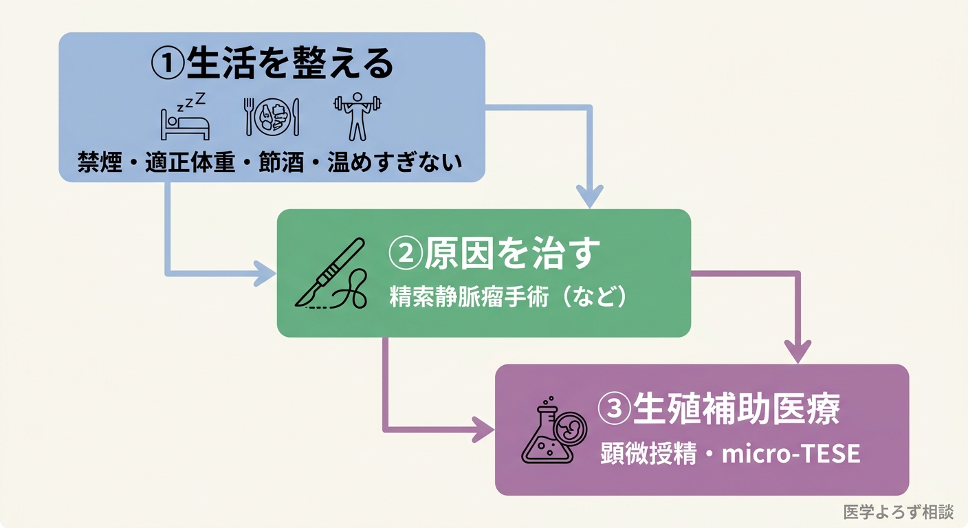 男性不妊の治療の流れを示すフローチャート。生活を整える→治せる原因を治す（精索静脈瘤手術）→生殖補助医療（人工授精・体外受精・顕微授精・micro-TESE）の3段階