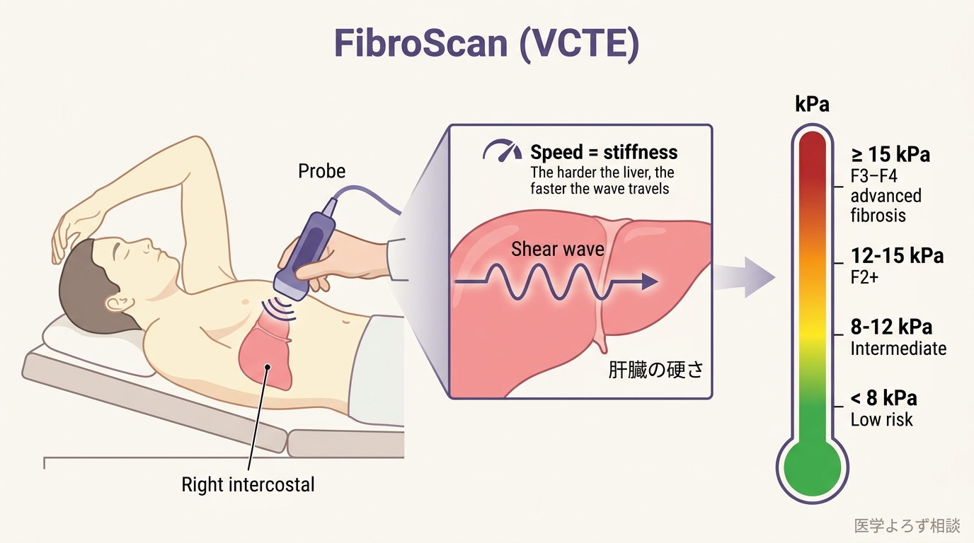 FibroScan（VCTE）検査の概要図。左：仰臥位の患者の右肋間（肝臓の上）にプローブを当て、機械的振動パルスを送る様子。中央：プローブから出る剪断波（shear wave）が肝臓組織を伝わり、その速度を測定する原理。右：kPa スケールゲージ—緑（< 8 kPa、低リスク）、黄（8-12 kPa、中間）、橙（12-15 kPa、F2 以上）、赤（≥ 15 kPa、F3-F4 進行線維化）。肝臓が硬いほど波が速く伝わり、kPa 値が高くなる。出典: Echosens、Mózes 2022、AASLD 2023。