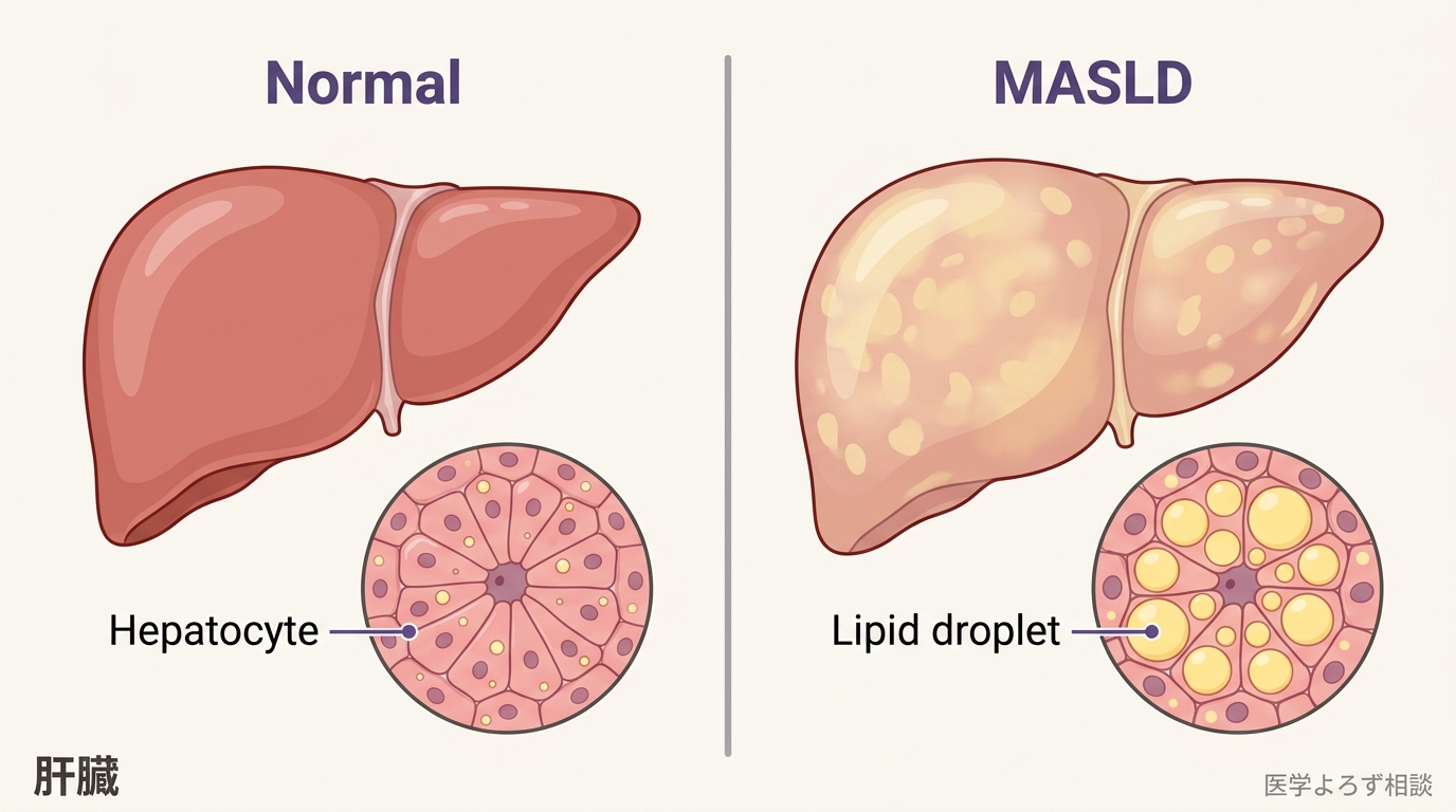 正常な肝臓と脂肪肝（MASLD）の組織学的比較図。左：正常肝—一様な赤褐色の組織、肝小葉が秩序立った六角形構造、肝細胞は中心核と少数の小さな脂肪滴を持つ。右：MASLD—肝臓全体が腫大し黄色味を帯び、肝細胞は大型の脂肪滴（macrovesicular steatosis）で満たされ、核が周辺に押し出されている。拡大インセットで細胞レベルの違いを示す。出典: Robbins Pathology、Netter Atlas。
