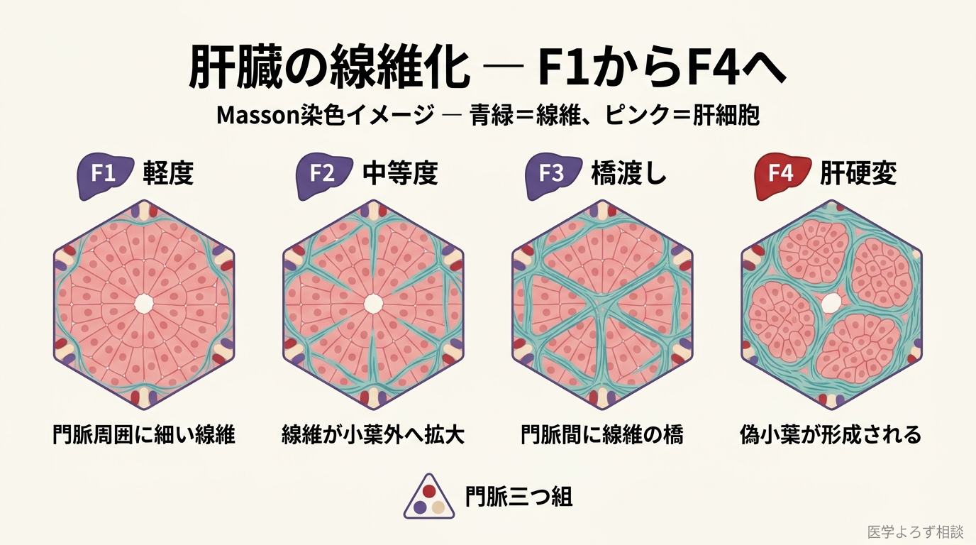 肝臓線維化の組織病理進行図 F1-F4。Masson トリクローム染色のスタイルで描かれた 4 段階：F1（軽度）—門脈周囲に細い線維、F2（中等度）—線維が拡大し小葉周囲に進展、F3（橋渡し線維化）—門脈間を線維が橋渡しし小葉構造が変形、F4（肝硬変）—コラーゲン網が肝細胞の再生結節を取り囲み偽小葉（pseudolobule）形成。各段階に portal triad（門脈三つ組）アイコンを共通配置。出典: NASH CRN fibrosis staging、Brunt grading system。