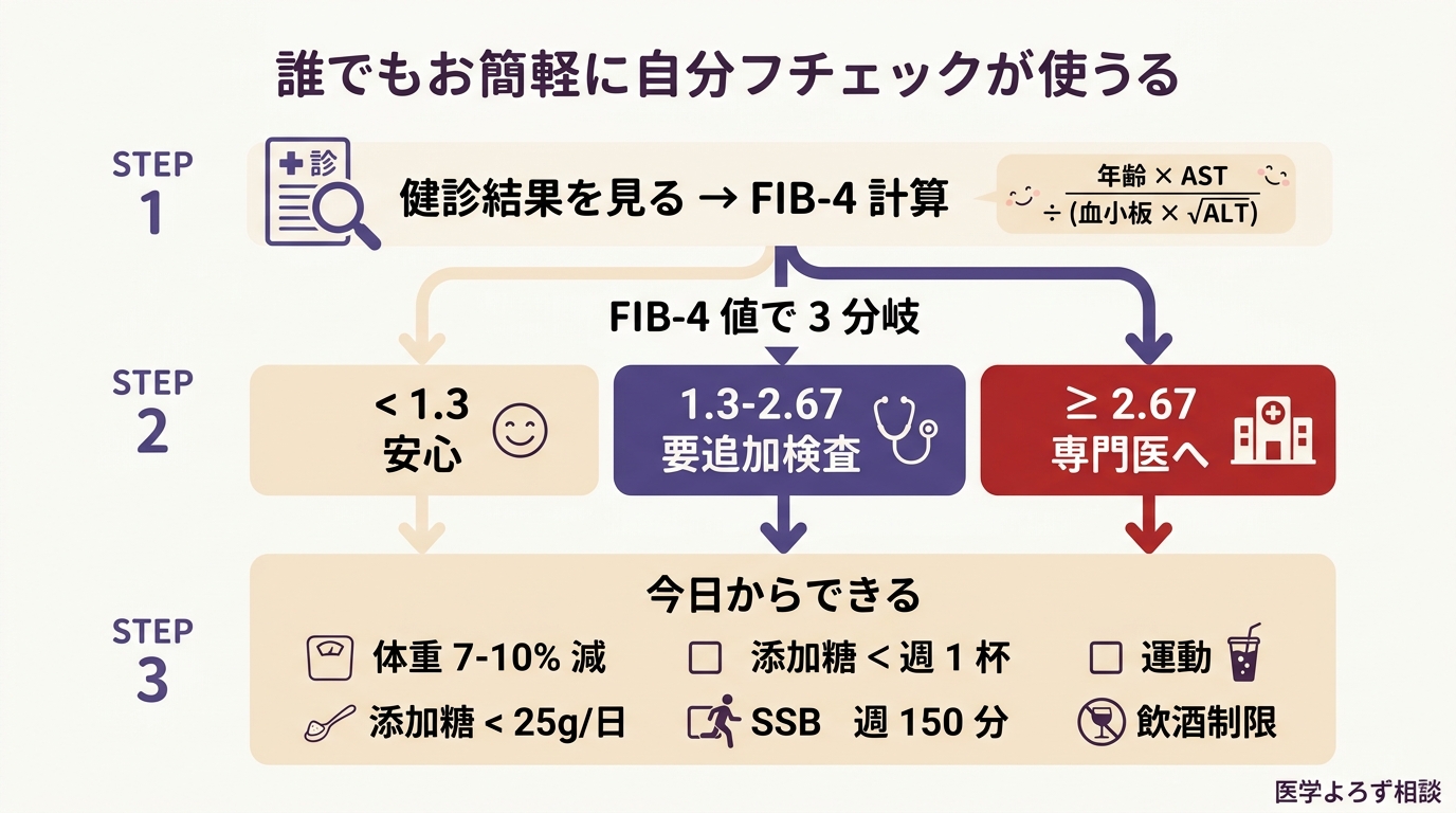 MASLD セルフチェック フローチャート。ステップ 1: 健診結果を見て FIB-4 計算（年齢 × AST ÷（血小板 × √ALT））。ステップ 2: FIB-4 値で 3 分岐 — < 1.3 は年 1 回フォロー、1.3-2.67 は消化器内科で FibroScan、≥ 2.67 は肝臓専門医へ。ステップ 3: 今日からできるアクション — 体重 7-10% 減 / 添加糖 < 25g/日 / SSB < 週 1 杯 / 週 150 分以上の運動 / 飲酒制限。出典: Mózes 2022, AASLD 2023, EASL 2024, JSGE/JSH 2020。
