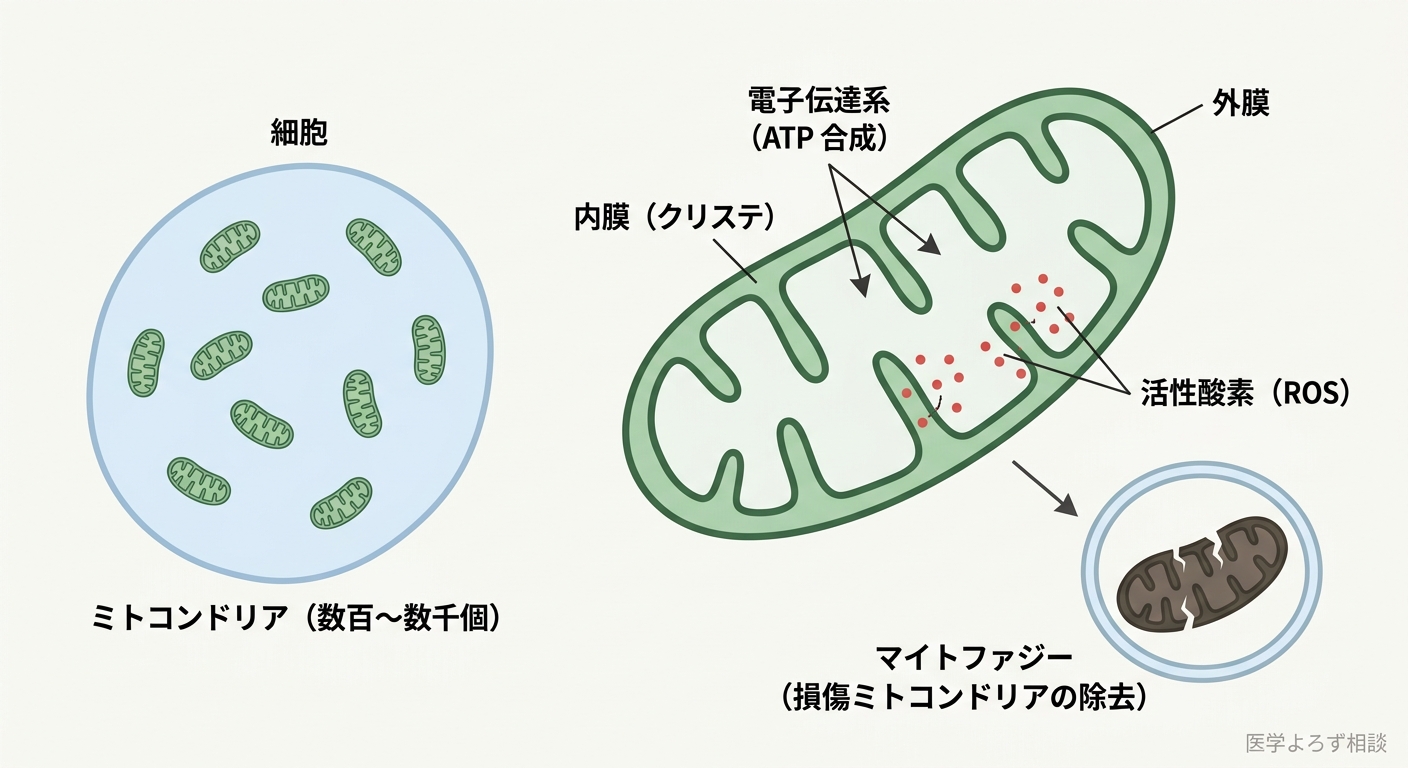 ミトコンドリアの構造と役割を示す解剖図。細胞内に数百〜数千個存在するミトコンドリアの二重膜構造（外膜・内膜クリステ）、電子伝達系によるATP合成、活性酸素（ROS）の発生、マイトファジーによる損傷ミトコンドリアの除去を1枚で図解