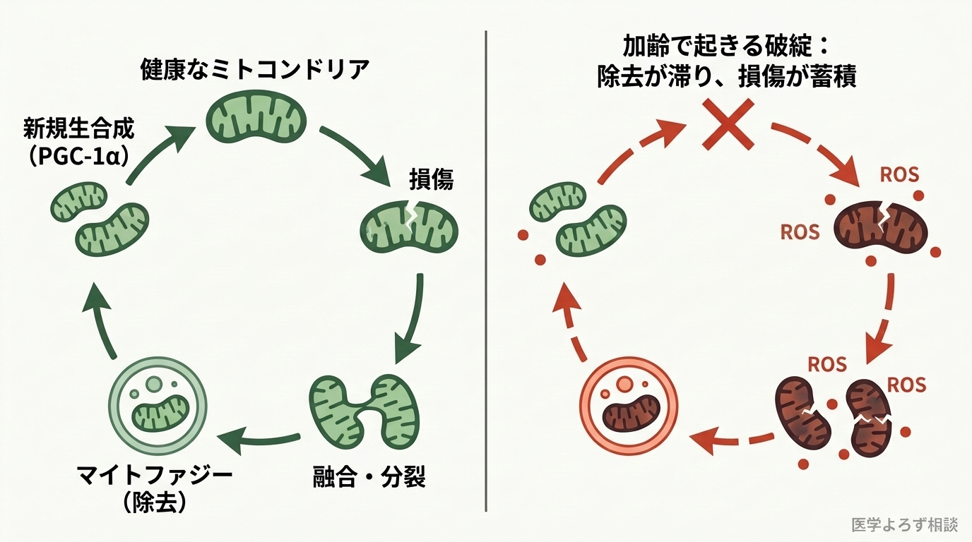 ミトコンドリア品質管理（MQC）サイクルと老化での破綻を示す概念図。左は健康な循環（損傷→融合・分裂→マイトファジー除去→PGC-1αによる新規生合成）、右は加齢でマイトファジーが滞り損傷ミトコンドリアとROSが蓄積する状態