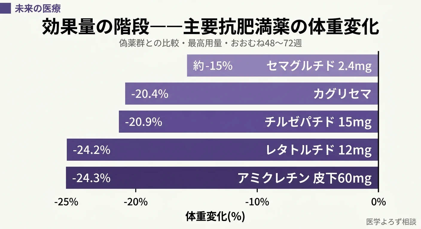 主要な抗肥満薬の体重変化率を小さい順に並べた横棒グラフ。セマグルチド約15%からアミクレチン24.3%まで階段状に増加
