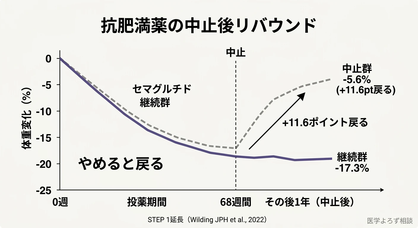 セマグルチドを中止すると減量した体重の約3分の2が戻ることを示す体重曲線。継続群は維持