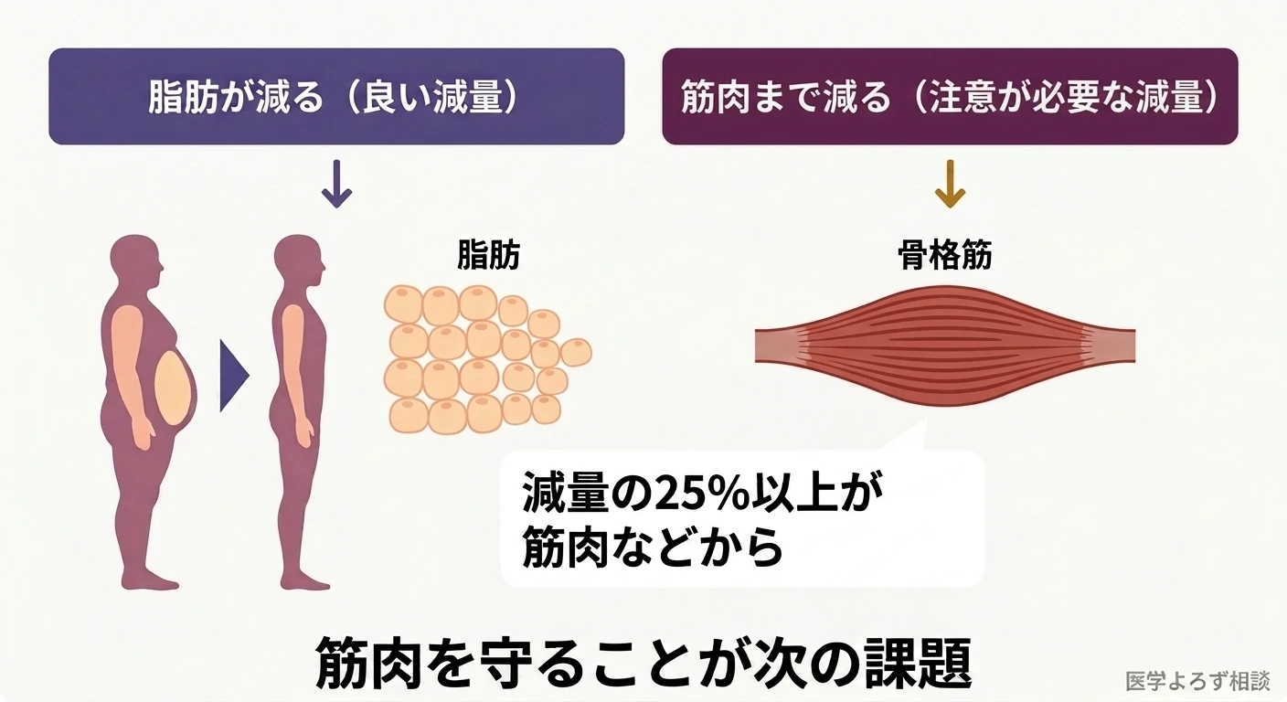 同じ体重減でも、脂肪が減る良い減量と、筋肉まで減る注意が必要な減量を対比した図
