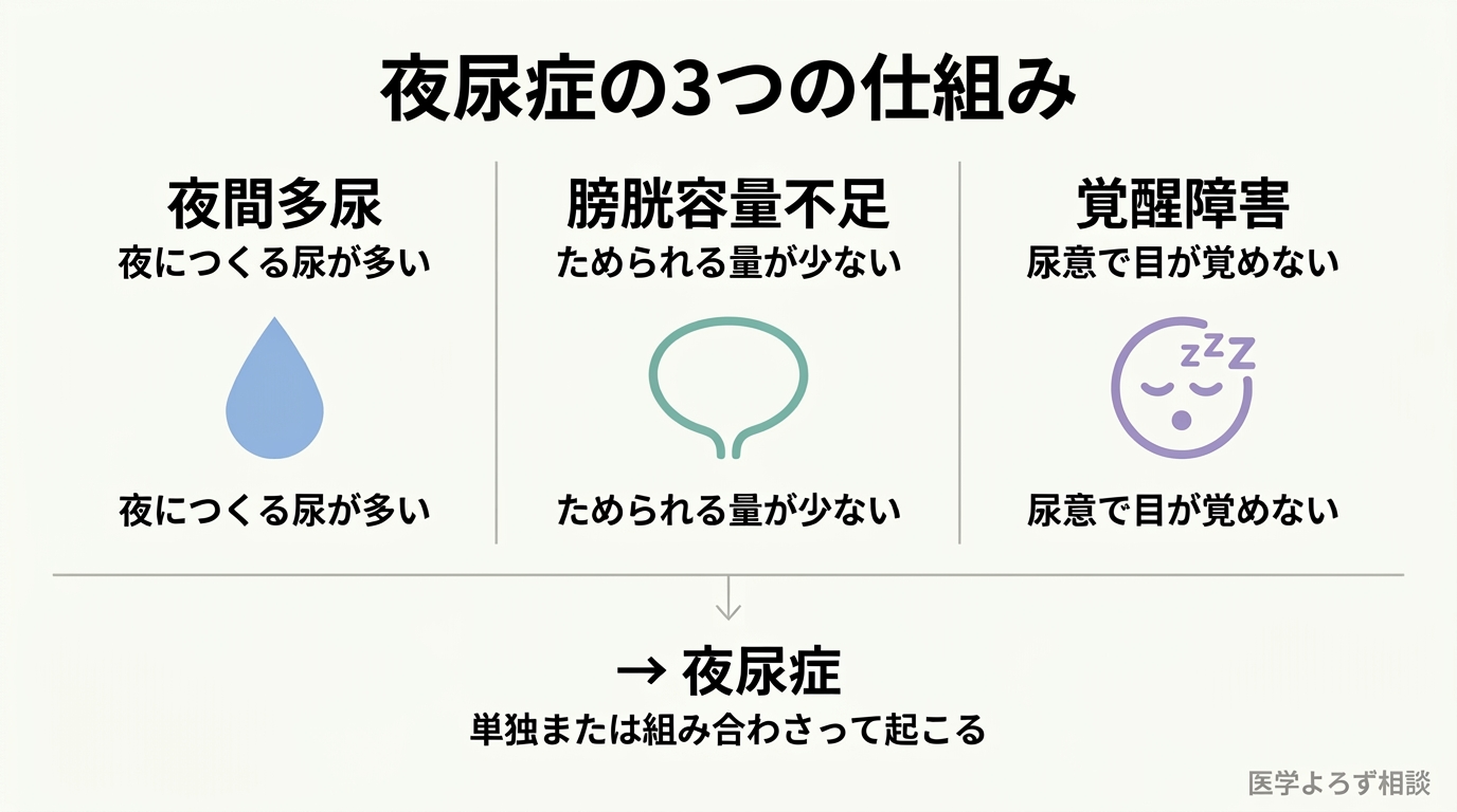 夜尿症の3つの体の仕組みを示す概念図。左に夜間多尿（夜につくる尿が多い）、中央に膀胱のためられる量（夜にためられる量が少ない）、右に覚醒障害（尿意で目が覚めない）を模式的に並べ、これらが単独または組み合わさって夜尿が起こることを示している