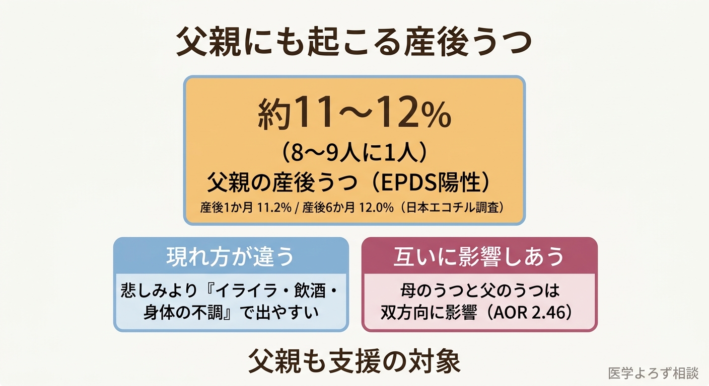 父親の産後うつが約11〜12%（8〜9人に1人）であること、悲しみより怒りや身体症状として現れやすいこと、母親のうつと双方向に影響することを示したインフォグラフィック