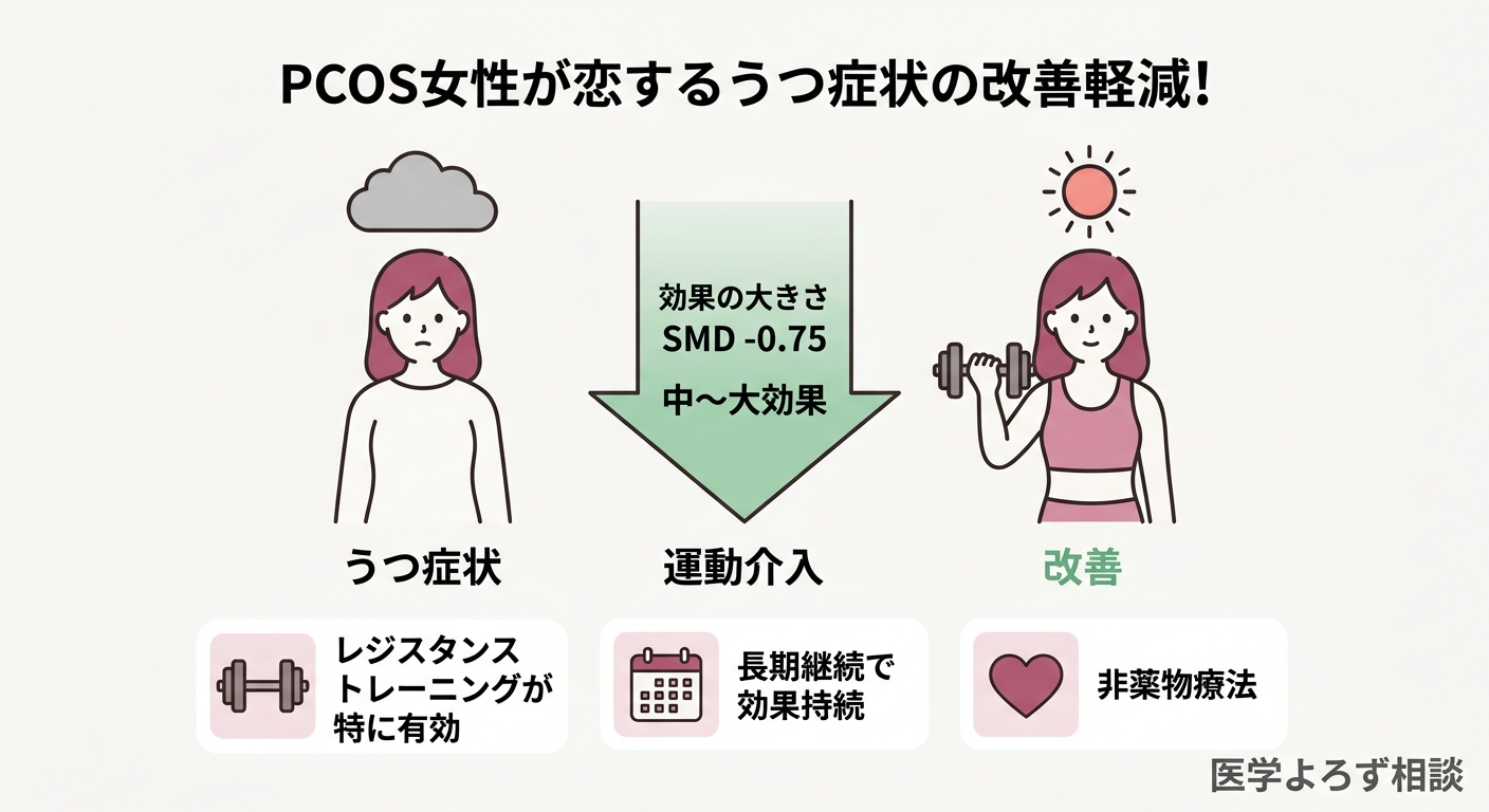 運動介入によるPCOS女性のうつ症状改善効果を示すインフォグラフィック。SMD -0.75の中〜大効果