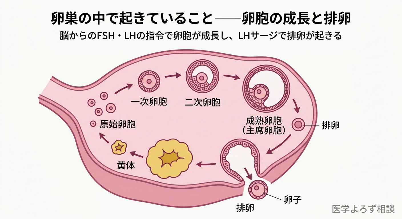 卵巣の断面図。原始卵胞→一次卵胞→二次卵胞→成熟卵胞（主席卵胞）→排卵→黄体の一連の流れ