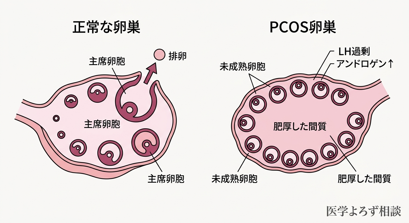 正常な卵巣とPCOS卵巣の比較図。正常卵巣では1つの主席卵胞が成熟し排卵するのに対し、PCOS卵巣では多数の小卵胞が並び排卵に至らない