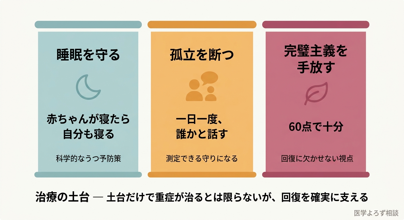 産後うつ回復の土台となる睡眠を守る・孤立を断つ・完璧主義を手放すの3本柱を示したインフォグラフィック