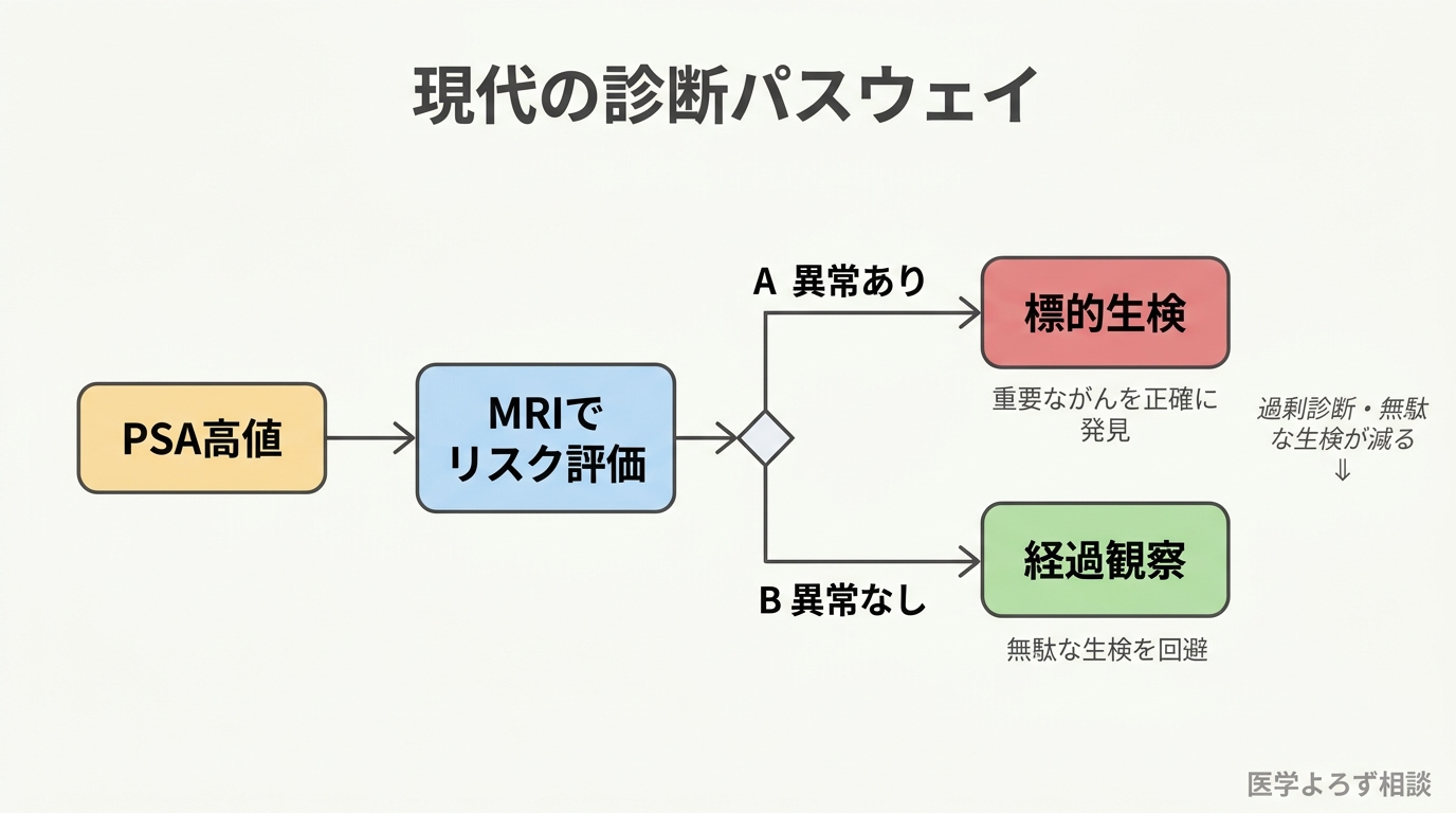 現代の前立腺がん診断パスウェイの概念図。PSA高値からMRIによるリスク評価を経て、必要な場合のみ標的生検へ進む流れと、各段階で過剰診断が減る仕組みを示す