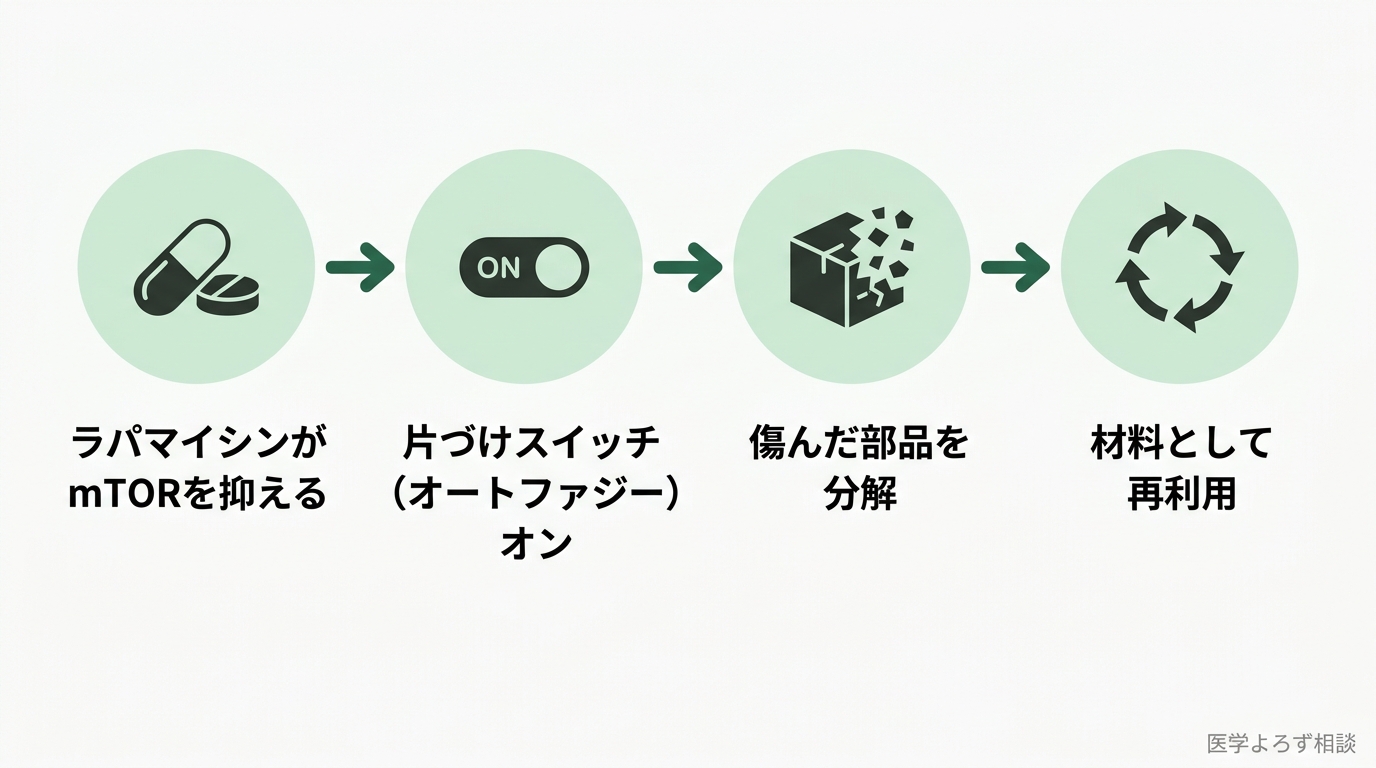 ラパマイシンがmTORを抑えるとオートファジーが起動し、傷んだ部品を分解して材料として再利用する流れを示すフロー図