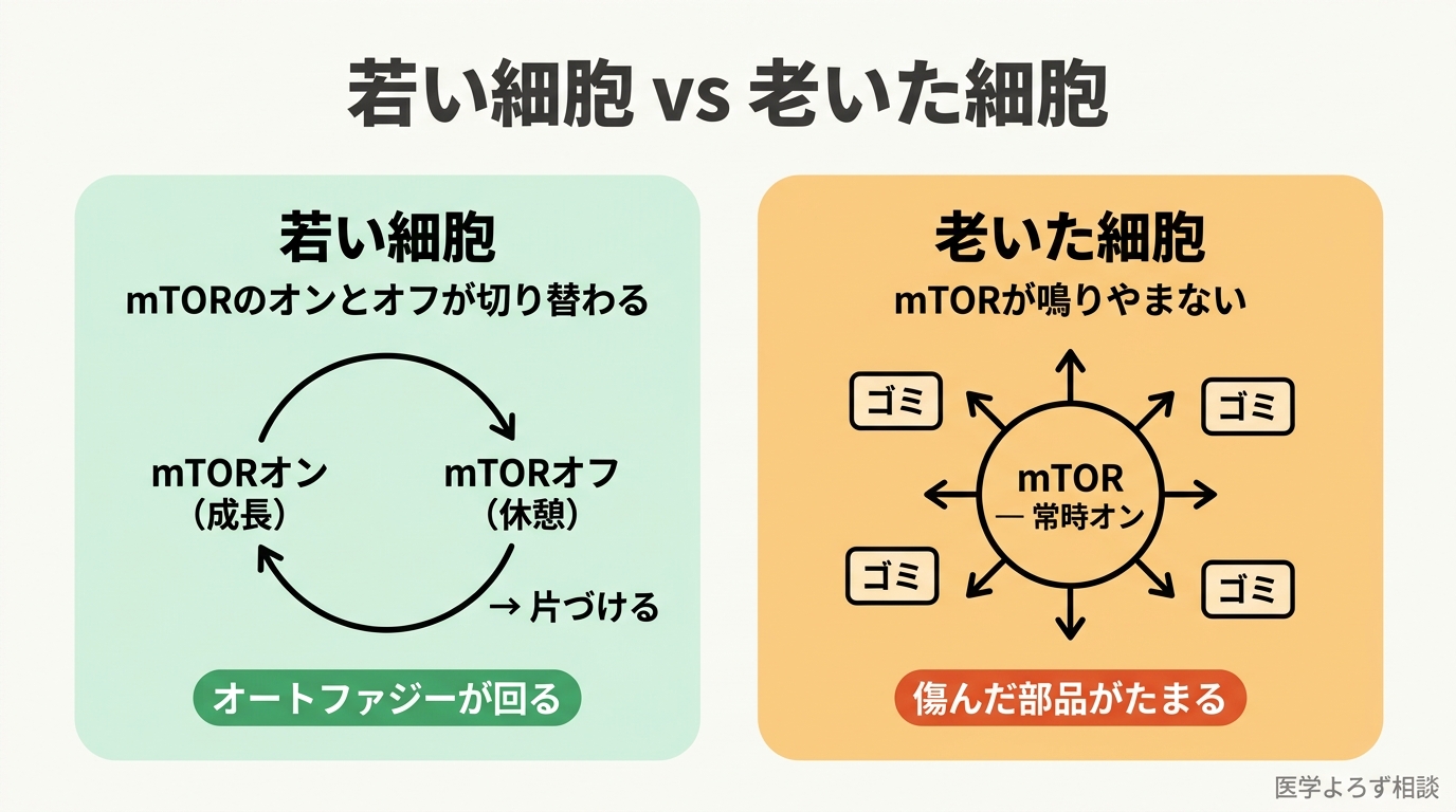 若い細胞はmTORのオンオフが切り替わり片づけが回るのに対し、老いた細胞はmTORが鳴りやまず傷んだ部品がたまることを示す対比図