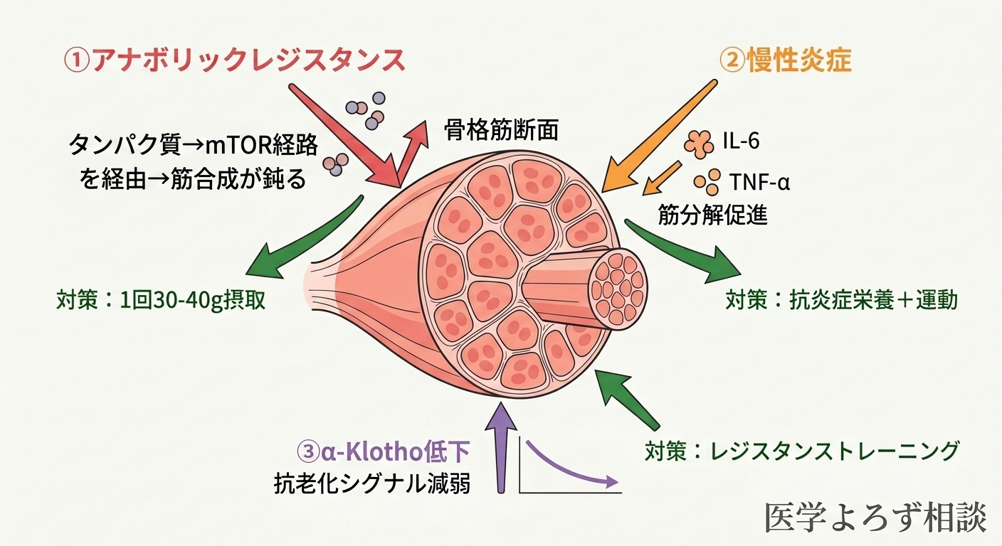 サルコペニアの3つのメカニズム：アナボリックレジスタンス（筋合成応答の鈍化）、慢性炎症（IL-6上昇による筋分解促進）、α-Klotho低下（抗老化シグナルの減弱）