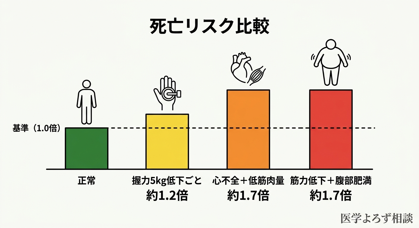 握力低下と死亡リスクの関係を示す概念図：握力5kg低下ごとに全死亡リスク約1.2倍、心血管死リスク約1.2倍に上昇