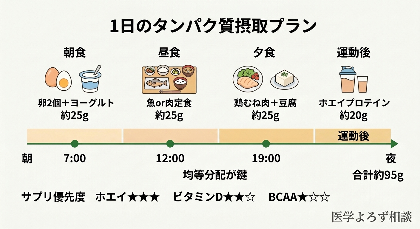 1日のタンパク質摂取プラン：朝食25g（卵2個＋ヨーグルト）、昼食25g（魚or肉定食）、夕食25g（肉or豆腐メイン）、運動後20g（ホエイプロテイン）で合計約95g