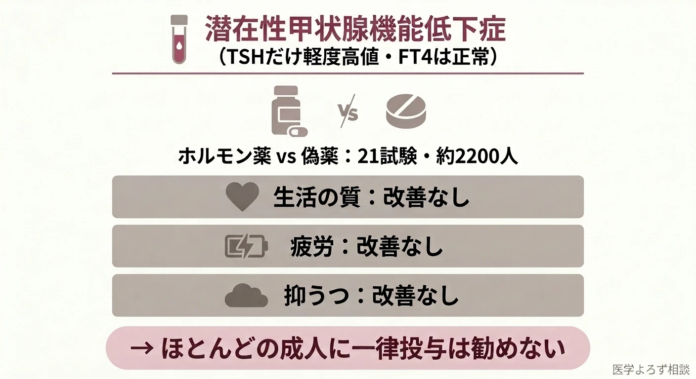 潜在性甲状腺機能低下症への一律のホルモン投与が、生活の質・疲労・抑うつを改善しなかった（BMJ 2019）ことを示す図