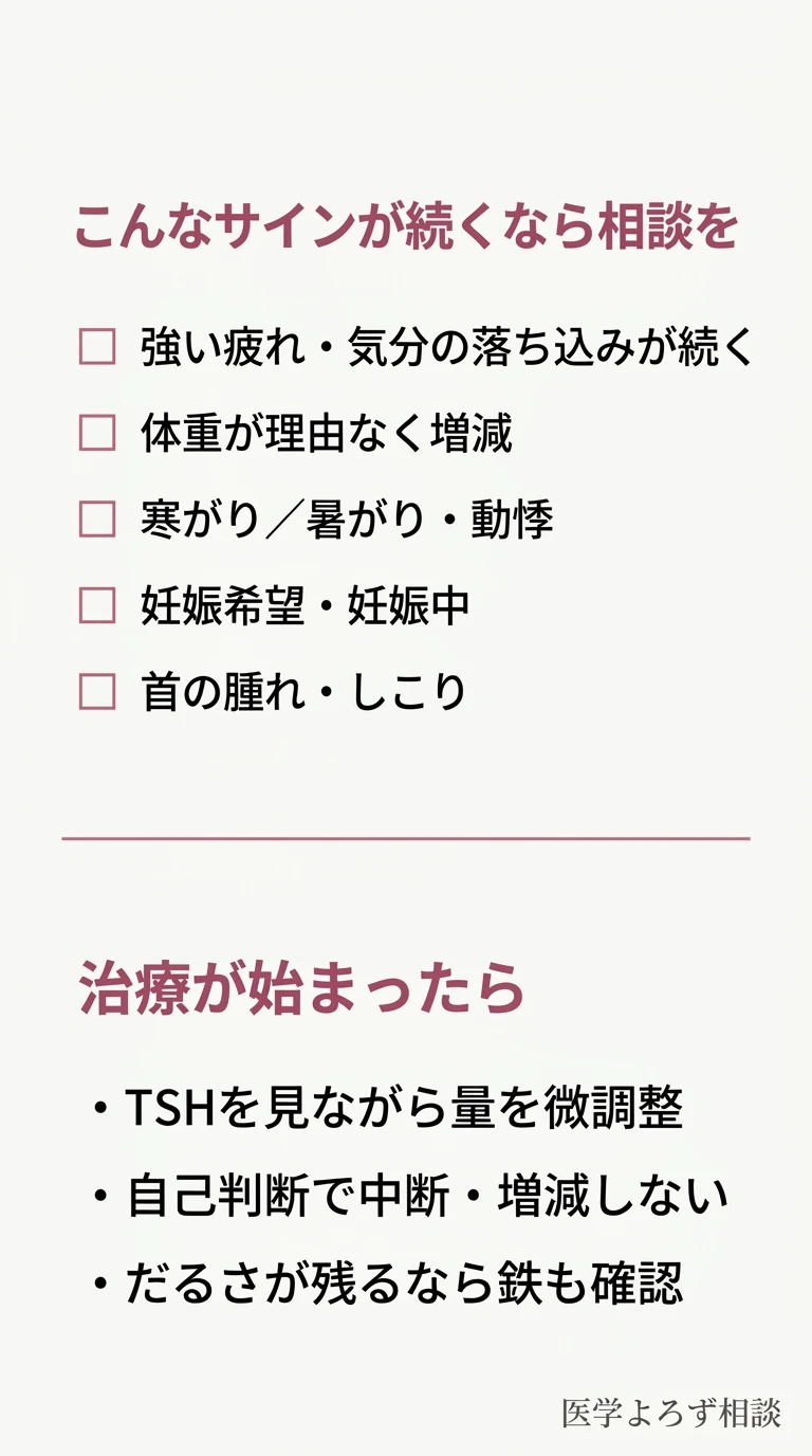 強い疲れ・体重変化・妊娠希望などのサインで検査を考え、治療が始まったらTSHで微調整し自己中断しないことを示す実践チェックリスト